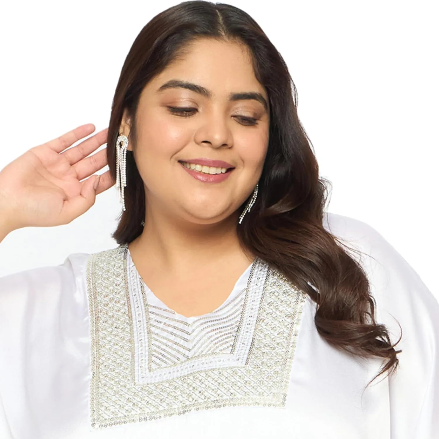 Women Plus Size Kaftan Dress Stylish Satin Sequences Maxi Evening Cover Up Dresses Kimono Sleeve Casual Wear