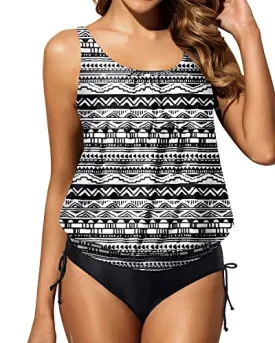 Women Tummy Control Removable Padded Push Up Cups Tankini-Black Tribal