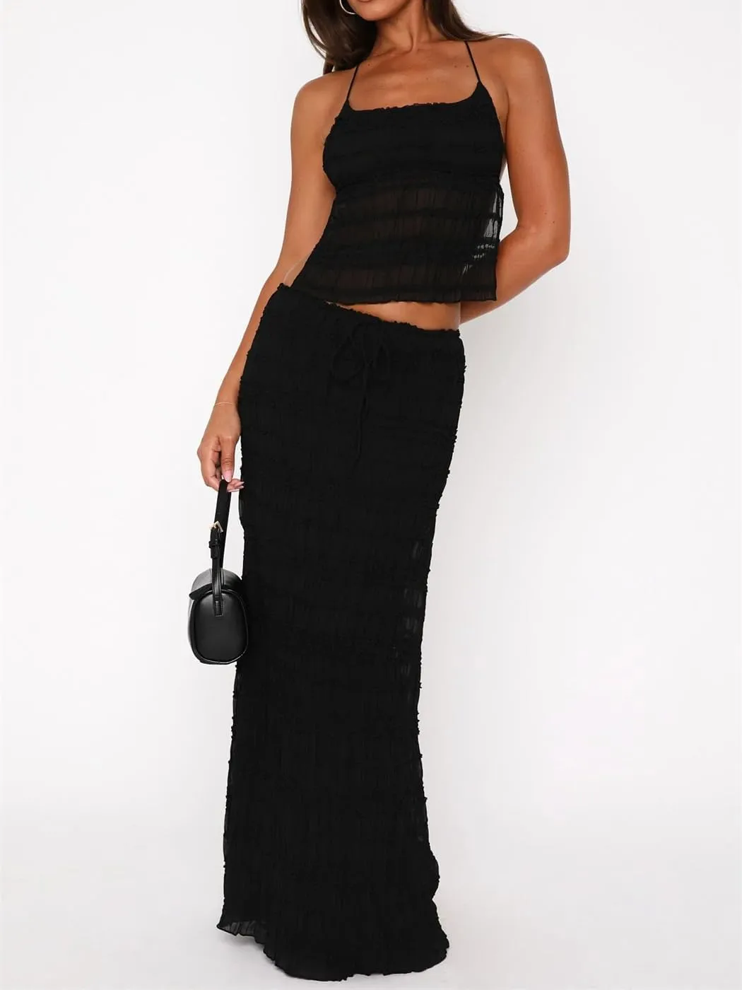 Women Y2k 2 Piece Maxi Skirt Set Sexy Backless Halter Crop Cami Top Tiered Smocked Flowy Long Skirt Beach Matching Set