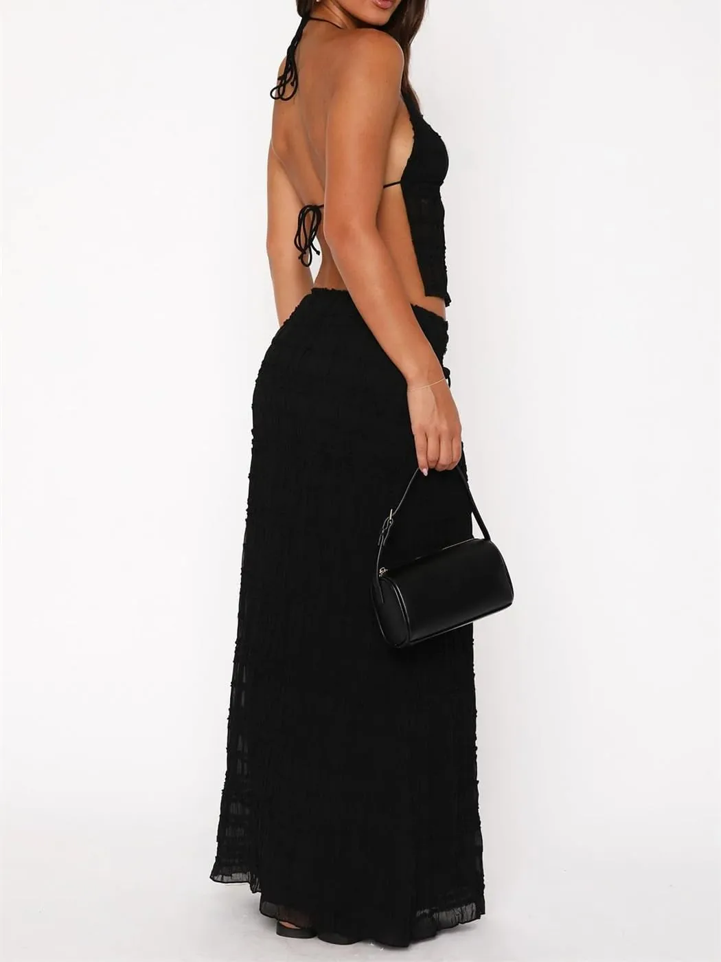 Women Y2k 2 Piece Maxi Skirt Set Sexy Backless Halter Crop Cami Top Tiered Smocked Flowy Long Skirt Beach Matching Set