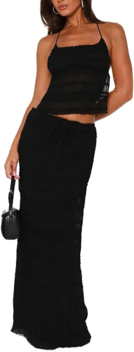 Women Y2k 2 Piece Maxi Skirt Set Sexy Backless Halter Crop Cami Top Tiered Smocked Flowy Long Skirt Beach Matching Set