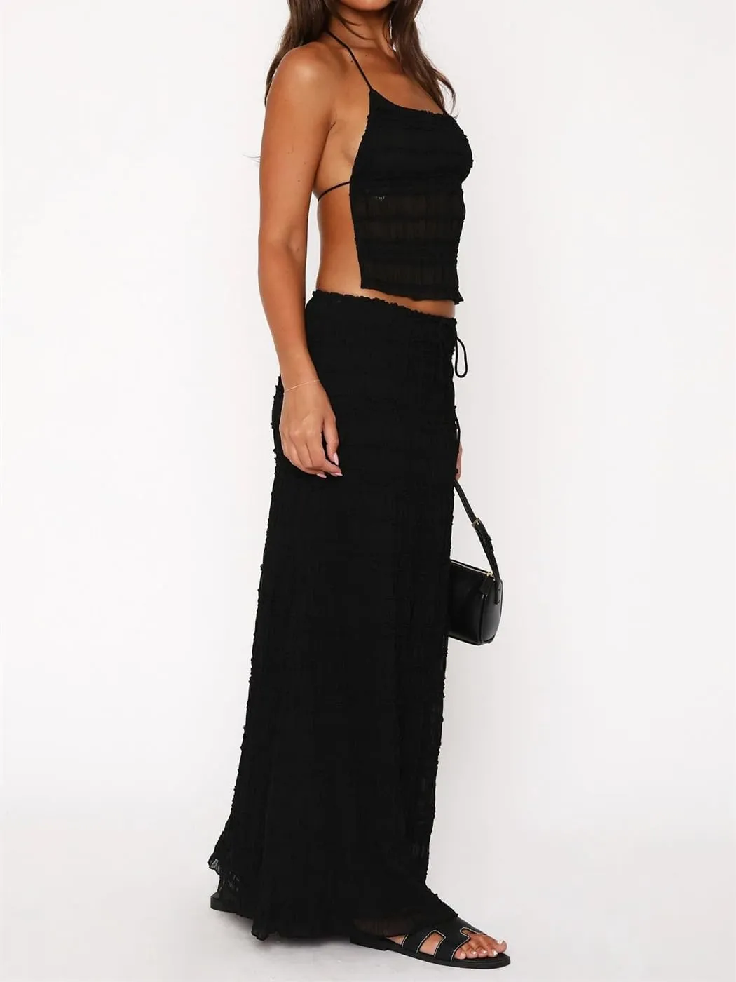 Women Y2k 2 Piece Maxi Skirt Set Sexy Backless Halter Crop Cami Top Tiered Smocked Flowy Long Skirt Beach Matching Set