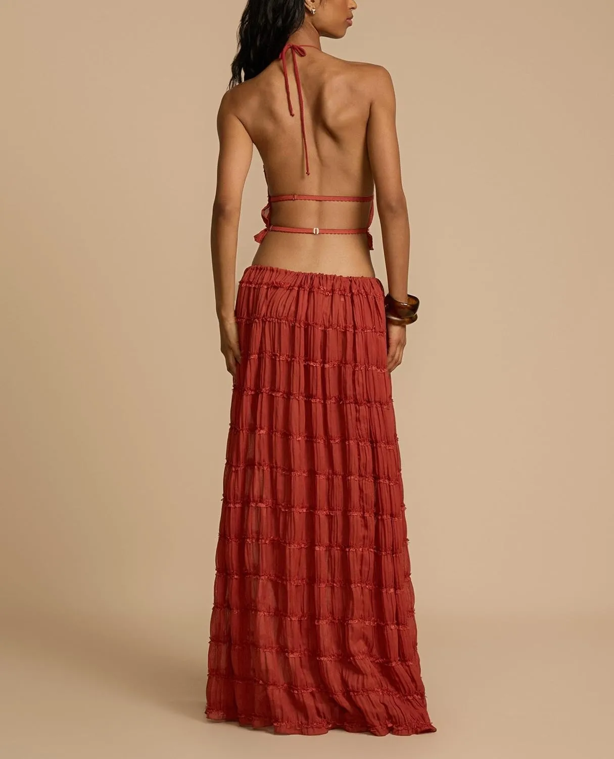 Womens 2 Piece Maxi Skirt Set Lace Up Sleeveless Tank Top and Flowy Long Skirt 2024 Summer Beach Outfits