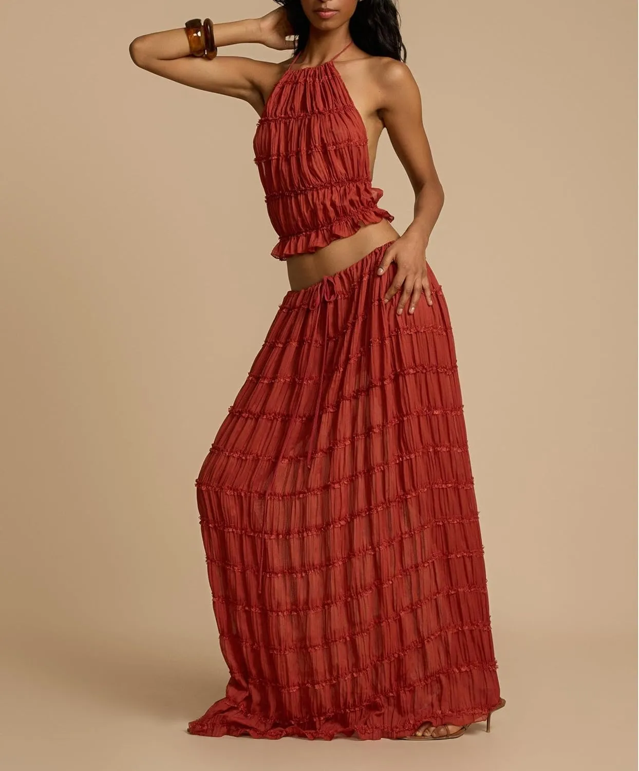 Womens 2 Piece Maxi Skirt Set Lace Up Sleeveless Tank Top and Flowy Long Skirt 2024 Summer Beach Outfits