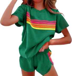 Womens 2 Piece Short Sets Casual Rainbow Striped Crewneck Short Sleeve Tops Elastic Shorts Outfits Lounge Tracksuits