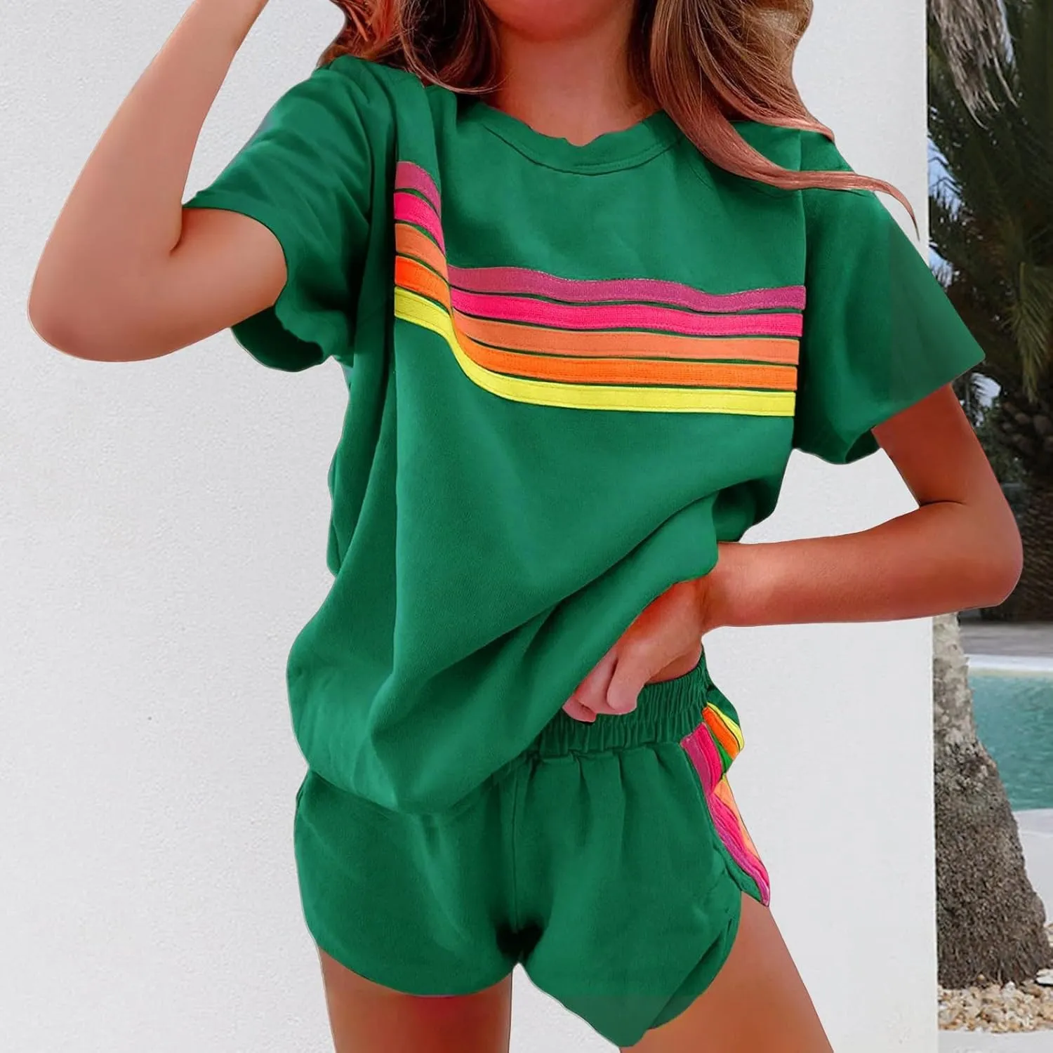 Womens 2 Piece Short Sets Casual Rainbow Striped Crewneck Short Sleeve Tops Elastic Shorts Outfits Lounge Tracksuits