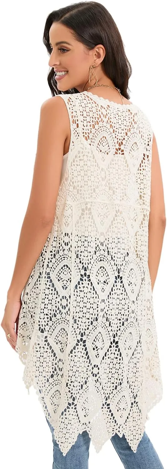 Women's Crochet Lace Vest Boho Sleeveless Kimono Irregular Hem Cardigan
