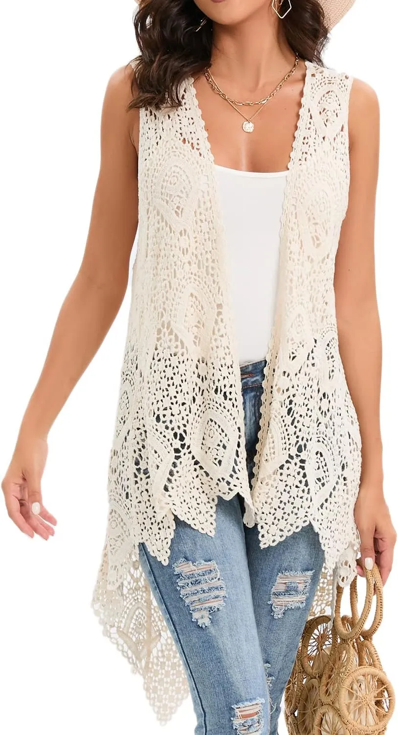 Women's Crochet Lace Vest Boho Sleeveless Kimono Irregular Hem Cardigan