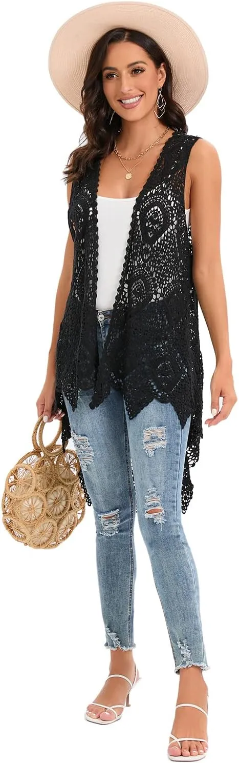 Women's Crochet Lace Vest Boho Sleeveless Kimono Irregular Hem Cardigan