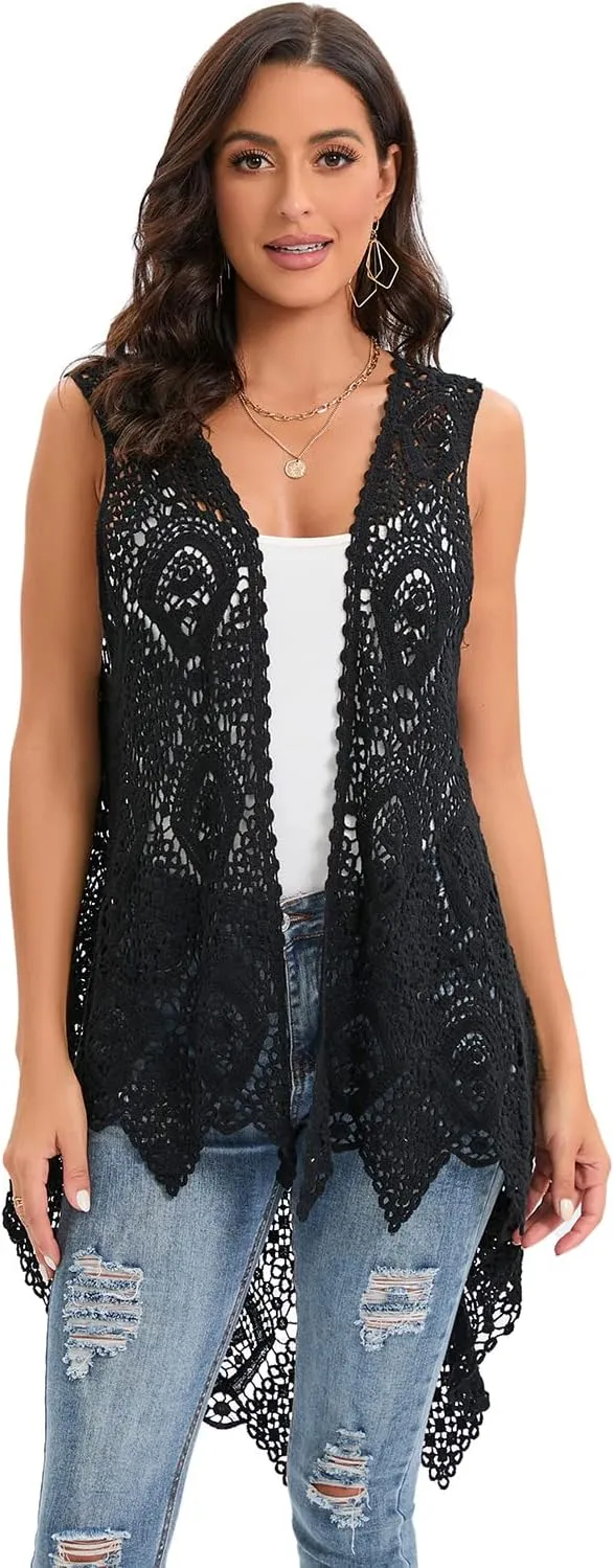 Women's Crochet Lace Vest Boho Sleeveless Kimono Irregular Hem Cardigan