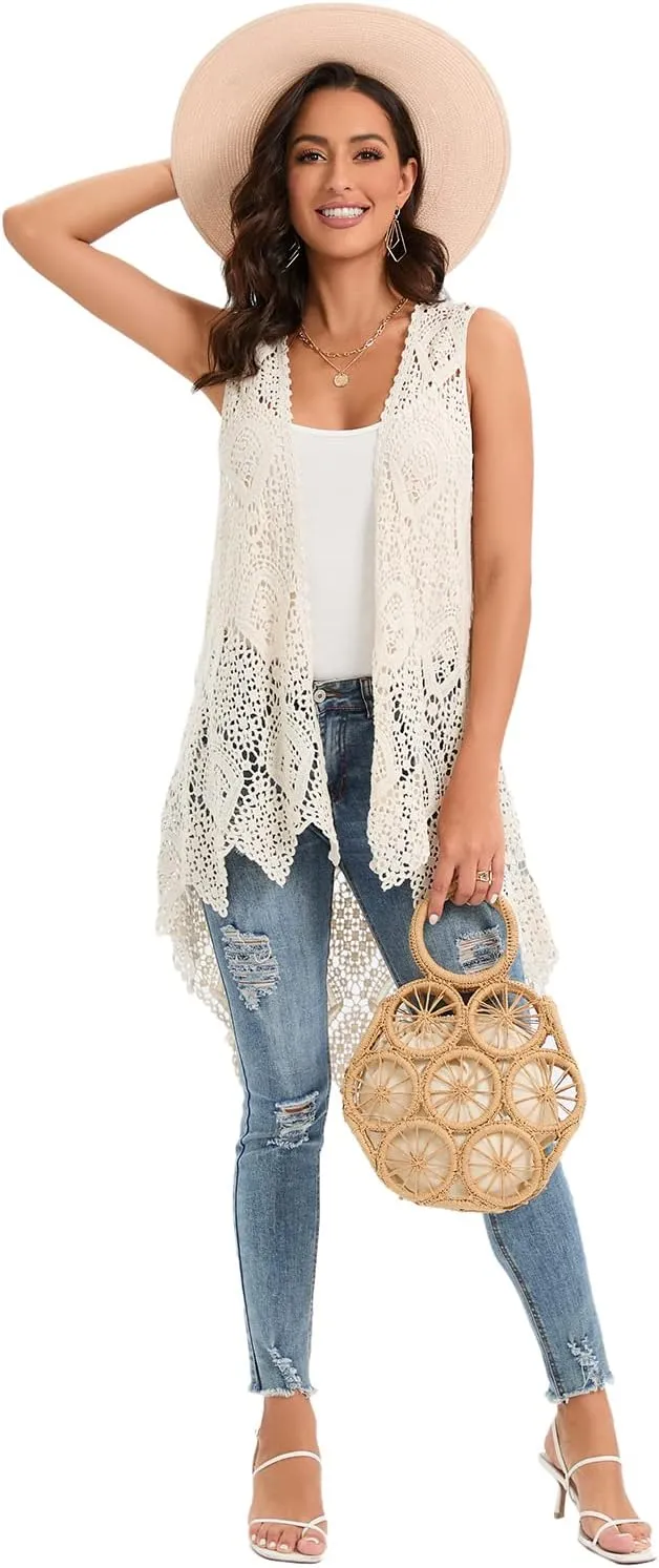Women's Crochet Lace Vest Boho Sleeveless Kimono Irregular Hem Cardigan