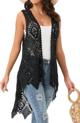 Women's Crochet Lace Vest Boho Sleeveless Kimono Irregular Hem Cardigan