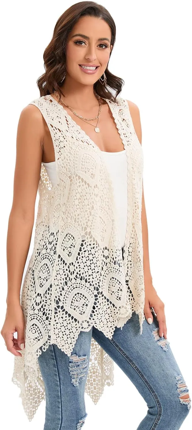 Women's Crochet Lace Vest Boho Sleeveless Kimono Irregular Hem Cardigan