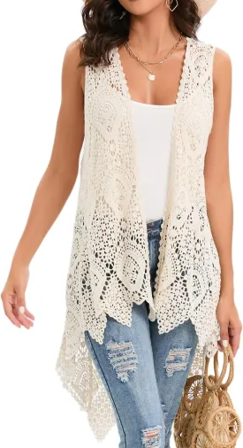 Women's Crochet Lace Vest Boho Sleeveless Kimono Irregular Hem Cardigan