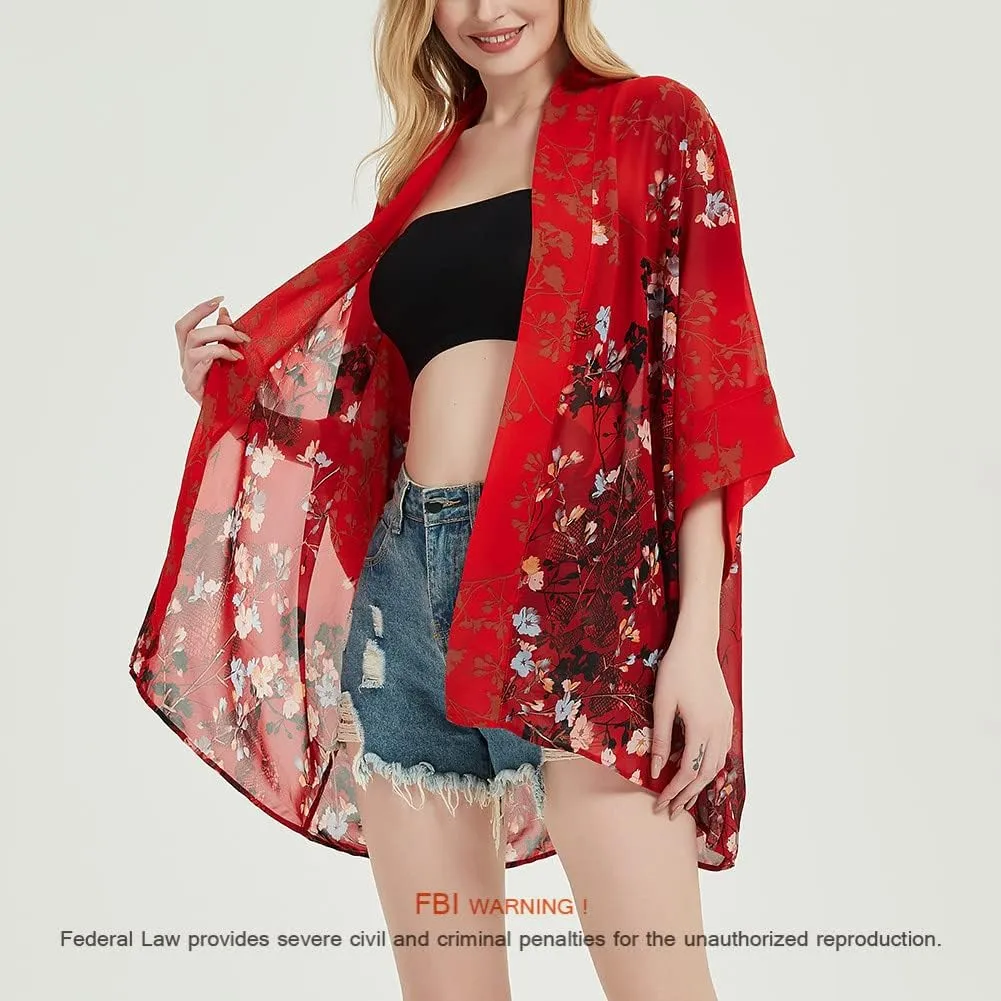 Women's Loose Print Sheer Chiffon Kimono Beach Swim Cover up Cardigan Capes Blouse Tops