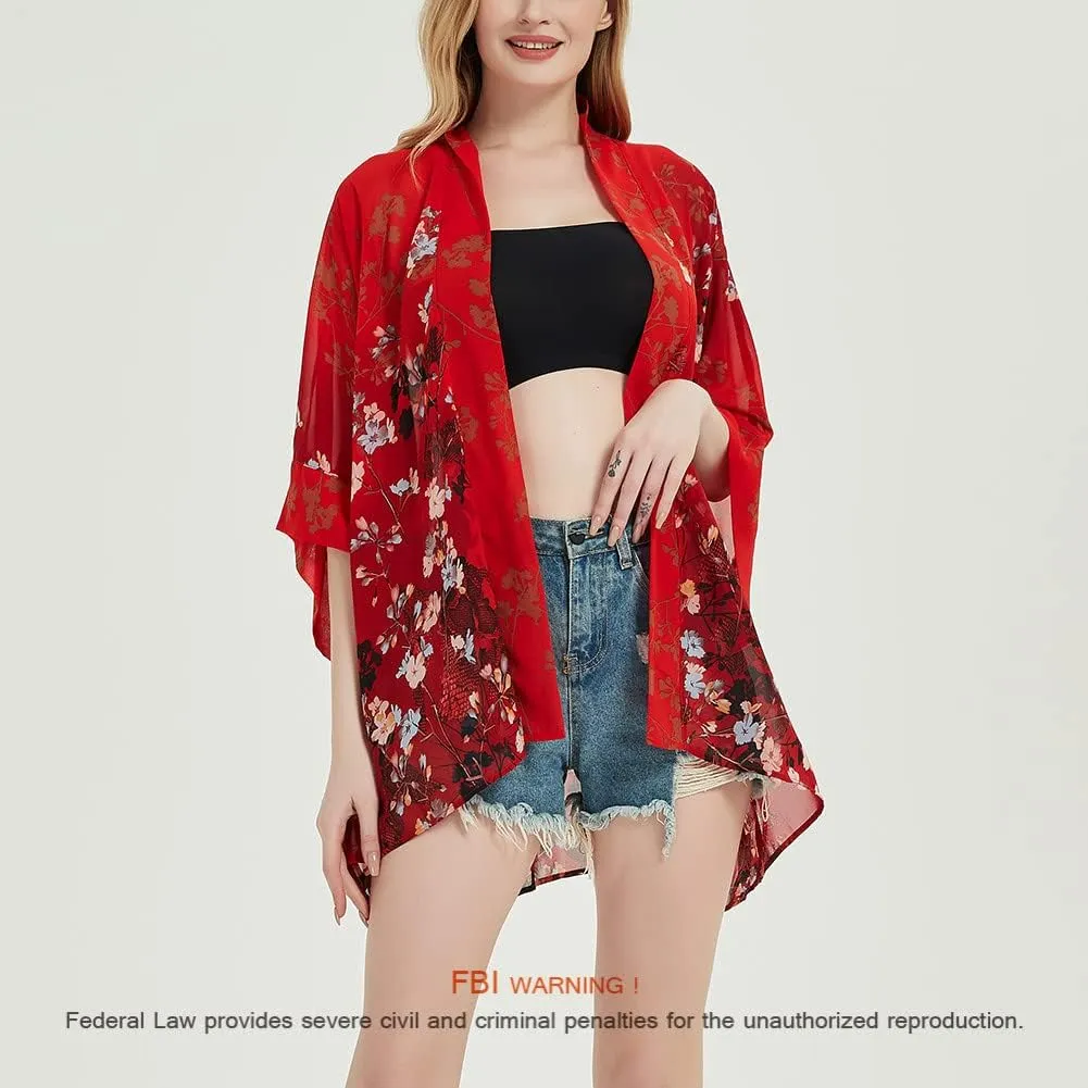 Women's Loose Print Sheer Chiffon Kimono Beach Swim Cover up Cardigan Capes Blouse Tops