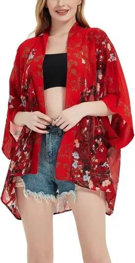 Women's Loose Print Sheer Chiffon Kimono Beach Swim Cover up Cardigan Capes Blouse Tops