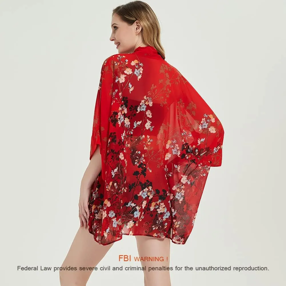 Women's Loose Print Sheer Chiffon Kimono Beach Swim Cover up Cardigan Capes Blouse Tops
