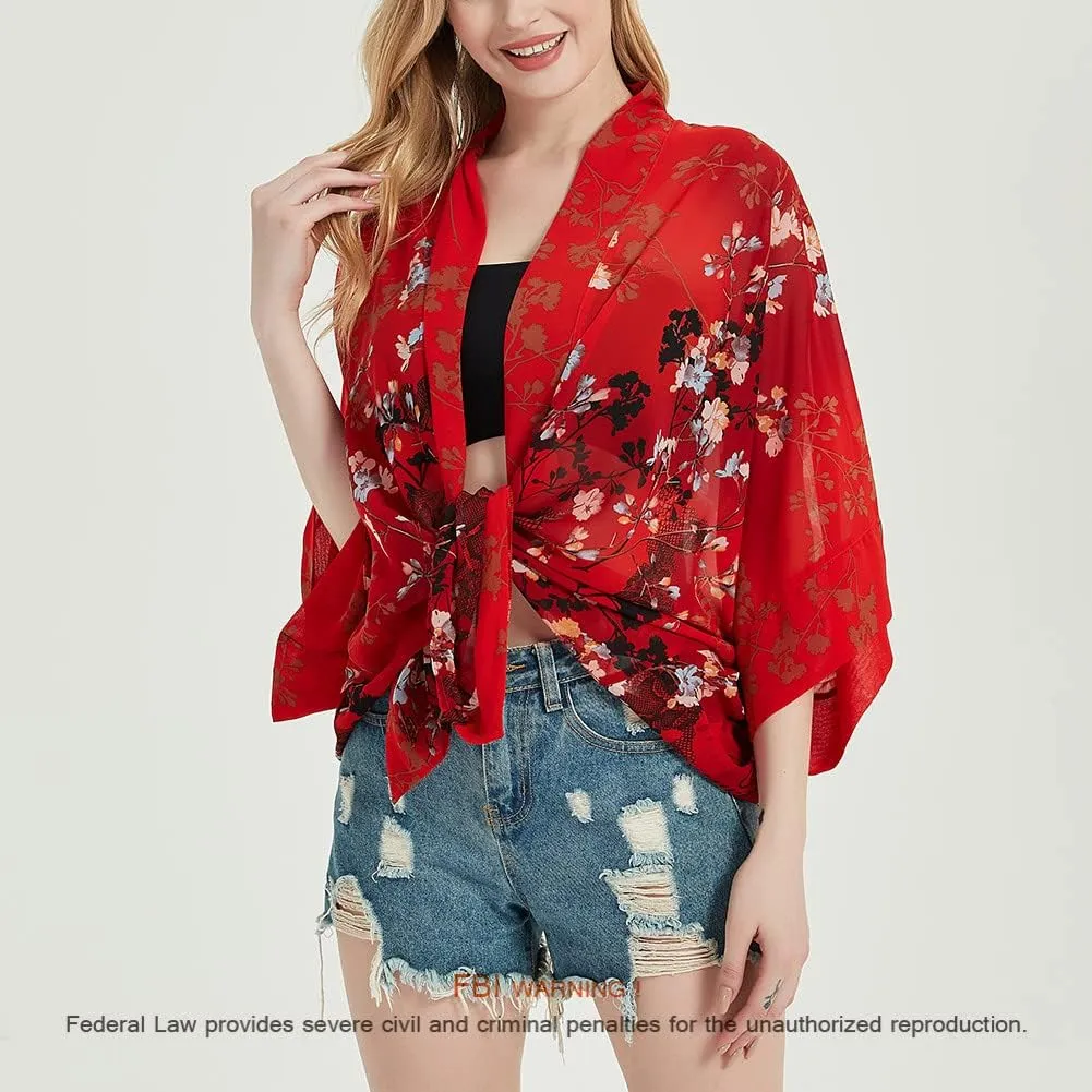 Women's Loose Print Sheer Chiffon Kimono Beach Swim Cover up Cardigan Capes Blouse Tops