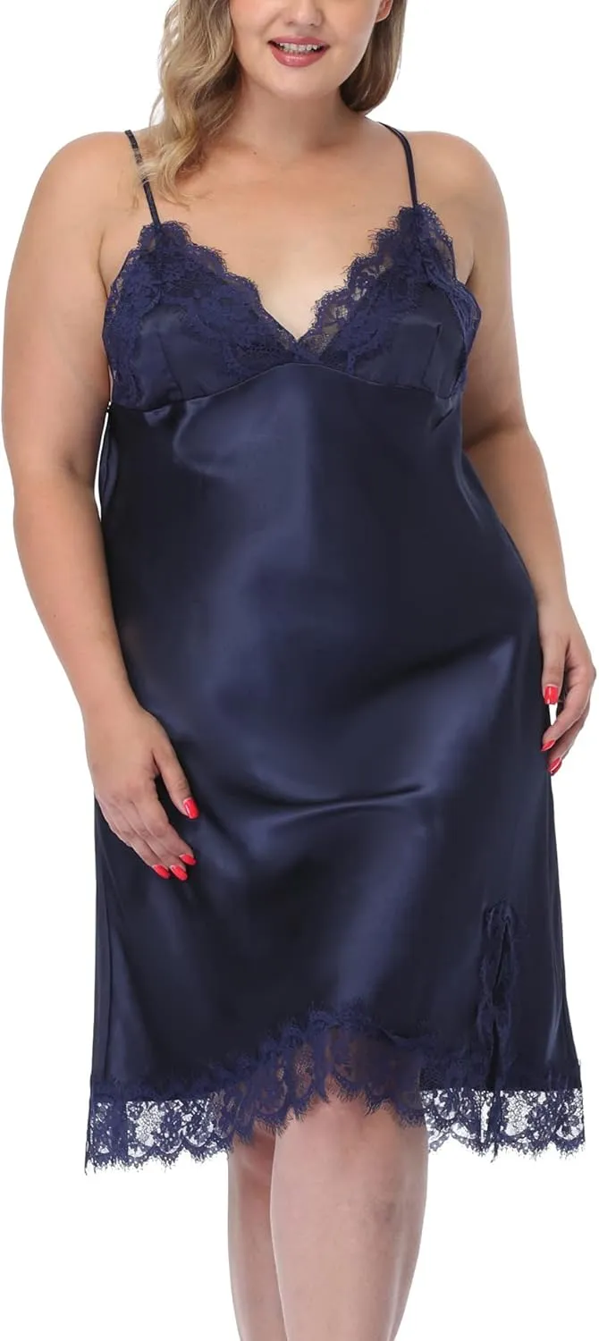 Women's Plus Size Satin Slip Nightgown Lace Chemise Lingeries Sexy Slit Negligees Sleepwear Bridal Lingerie