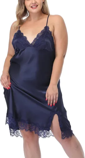 Women's Plus Size Satin Slip Nightgown Lace Chemise Lingeries Sexy Slit Negligees Sleepwear Bridal Lingerie