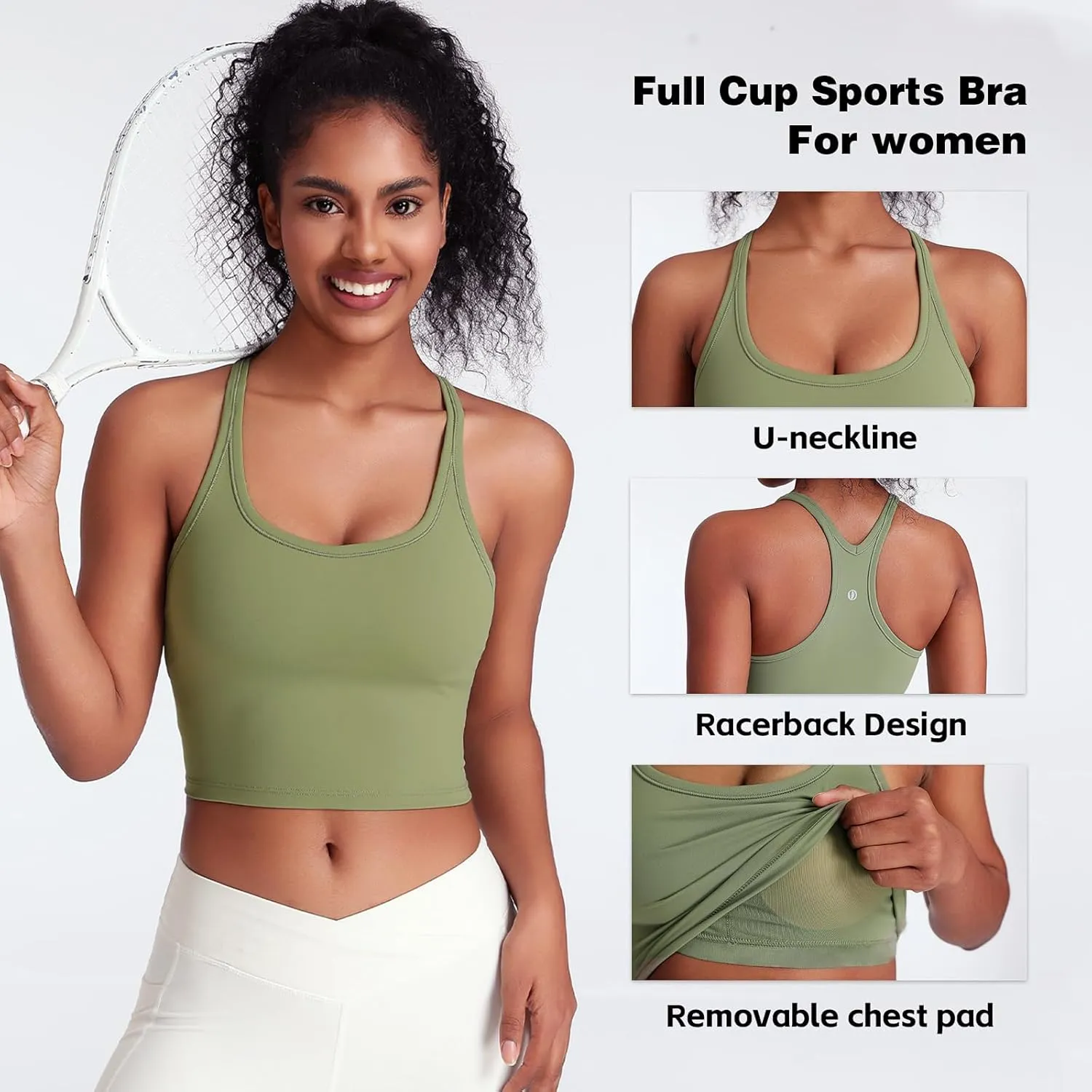 Women's Scoop Neck Racerback Longline Sports Bra, Medium Support with Removable Padded, Crop Tank Yoga Workout Tops