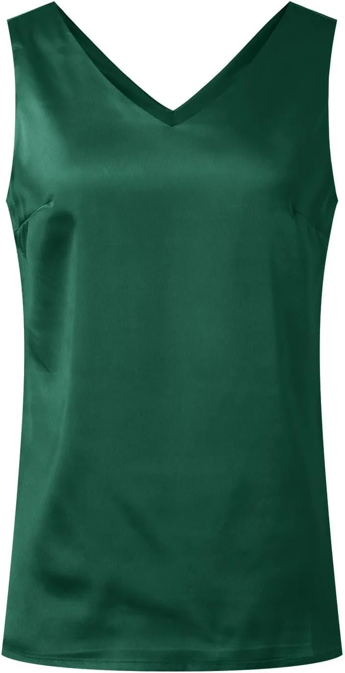 Womens Silk Satin Tank Tops V Neck Casual Cami Sleeveless Camisole Blouses Summer Basic Business Dressy Tank Shirt