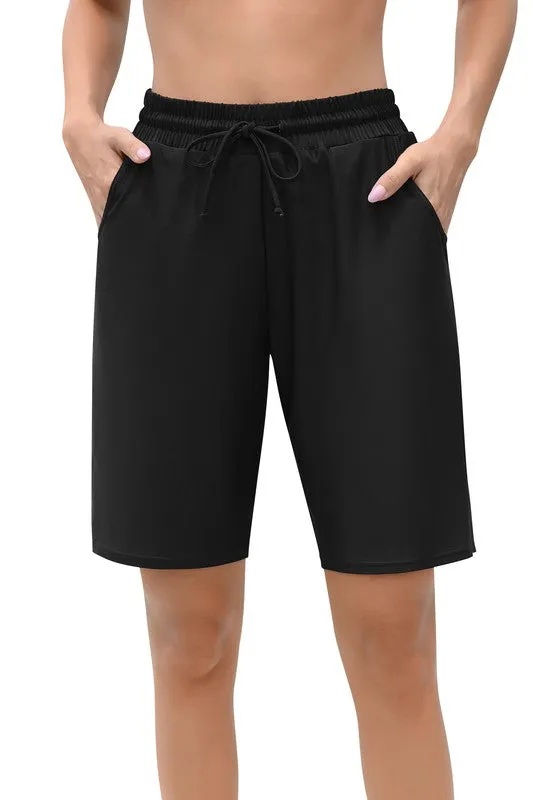 Women's Solid High Waist Long Board Swim Shorts