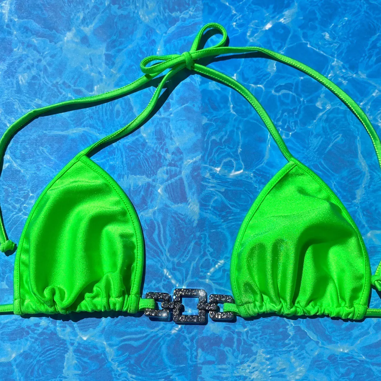 Y2K Neon Lime Green Triangle Bikini Top | Diamanté Charm Bling