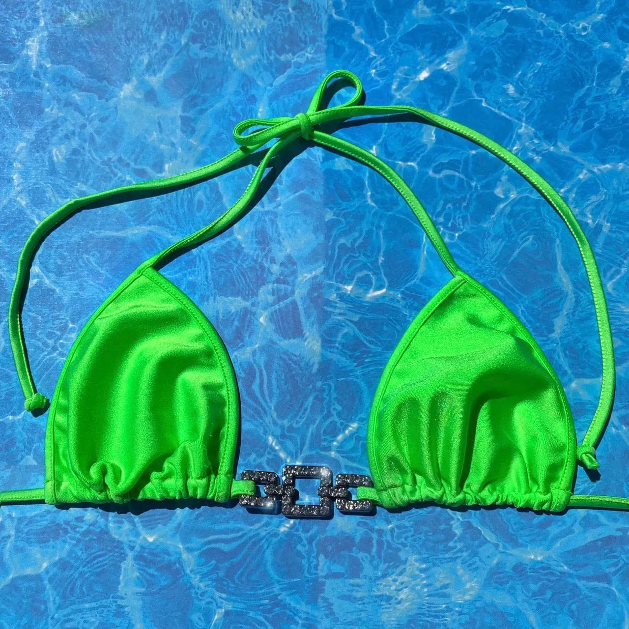 Y2K Neon Lime Green Triangle Bikini Top | Diamanté Charm Bling