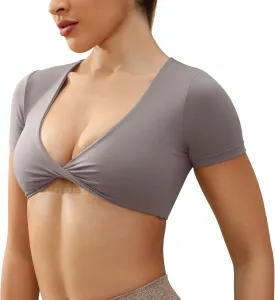 YEOREO Kyla Workout Crop Tops for Women Short Sleeve Twist Front Crop Tank Top Padded Sports Bra Casual Shirts